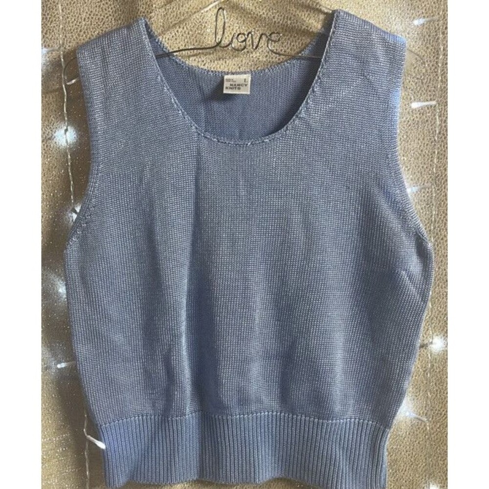 Nancy Knits Vintage Sweater Ribbed Blue Sleeveless Top Size Large